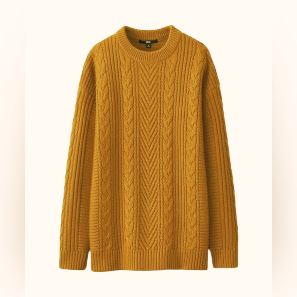 Uniqlo Wool Blend Cable Knit Winter Mustard Yellow Chunky Sweater Extra Small